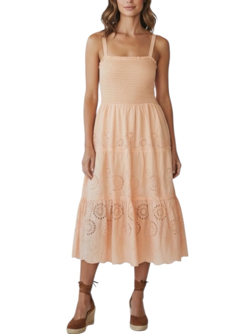FRANCESCA Tiered Eyelet Dress in Peach Size Medium — NEW WITH TAGS